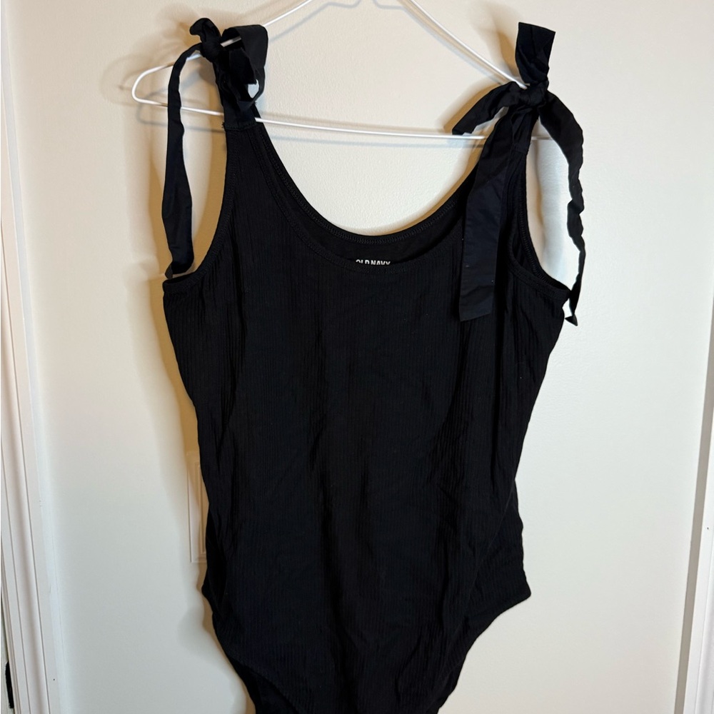 Old Navy Black Ribbed Tie-Shoulder Bodysuit